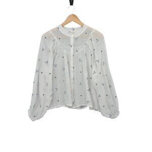 Easy Clothes White Linen-Look Floral Stitch Blouse (Size‎ S/M)